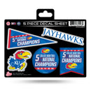 Kansas University 5 Time College Basketball Champs 5-Pc Decal Sheet