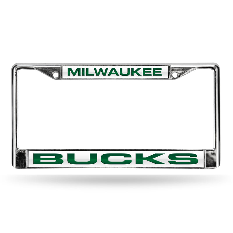 Bucks Laser Chrome Frame  - White Background With Dark Green Letters