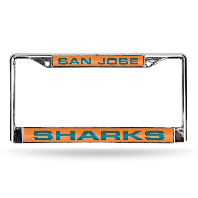 Sharks Laser Chrome Frame - Orange Background With Aqua Letters