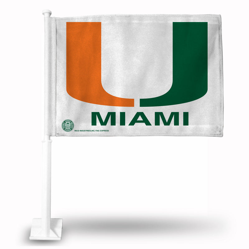 NCAA Miami Hurricanes Double Sided Car Flag -  16" x 19" - Strong Pole that Hooks Onto Car/Truck/Automobile By Rico Industries
