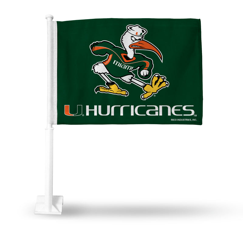 NCAA Miami Hurricanes Double Sided Car Flag -  16" x 19" - Strong Pole that Hooks Onto Car/Truck/Automobile By Rico Industries