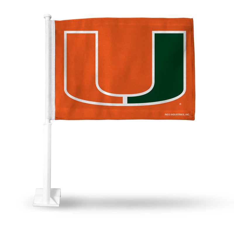 NCAA Miami Hurricanes Double Sided Car Flag -  16" x 19" - Strong Pole that Hooks Onto Car/Truck/Automobile By Rico Industries