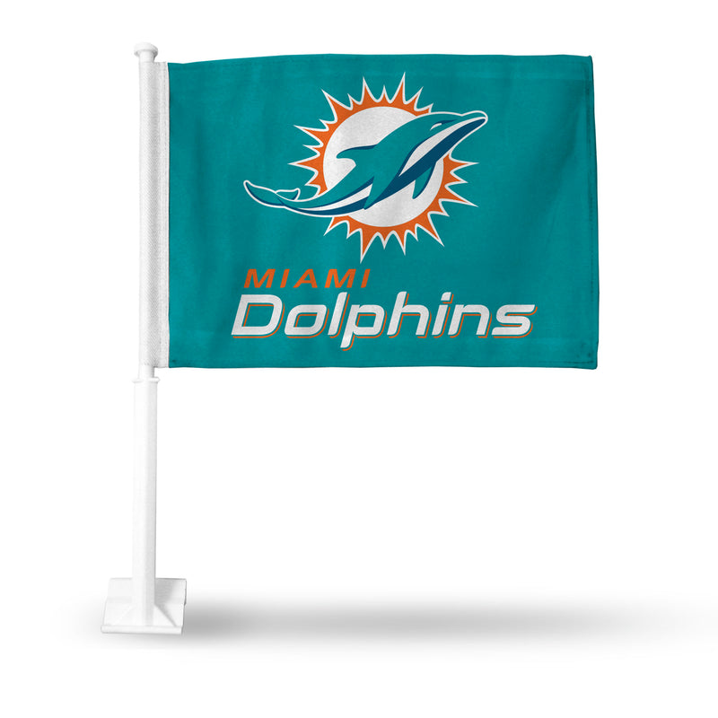 NFL Miami Dolphins Double Sided Car Flag -  16" x 19" - Strong Pole that Hooks Onto Car/Truck/Automobile By Rico Industries