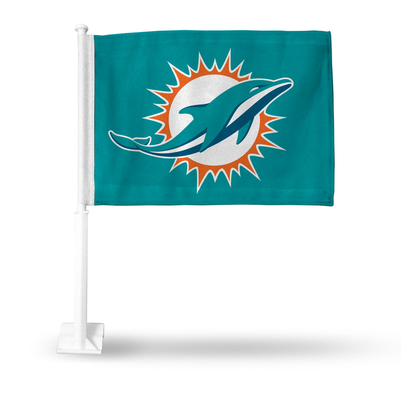 NFL Miami Dolphins Double Sided Car Flag -  16" x 19" - Strong Pole that Hooks Onto Car/Truck/Automobile By Rico Industries