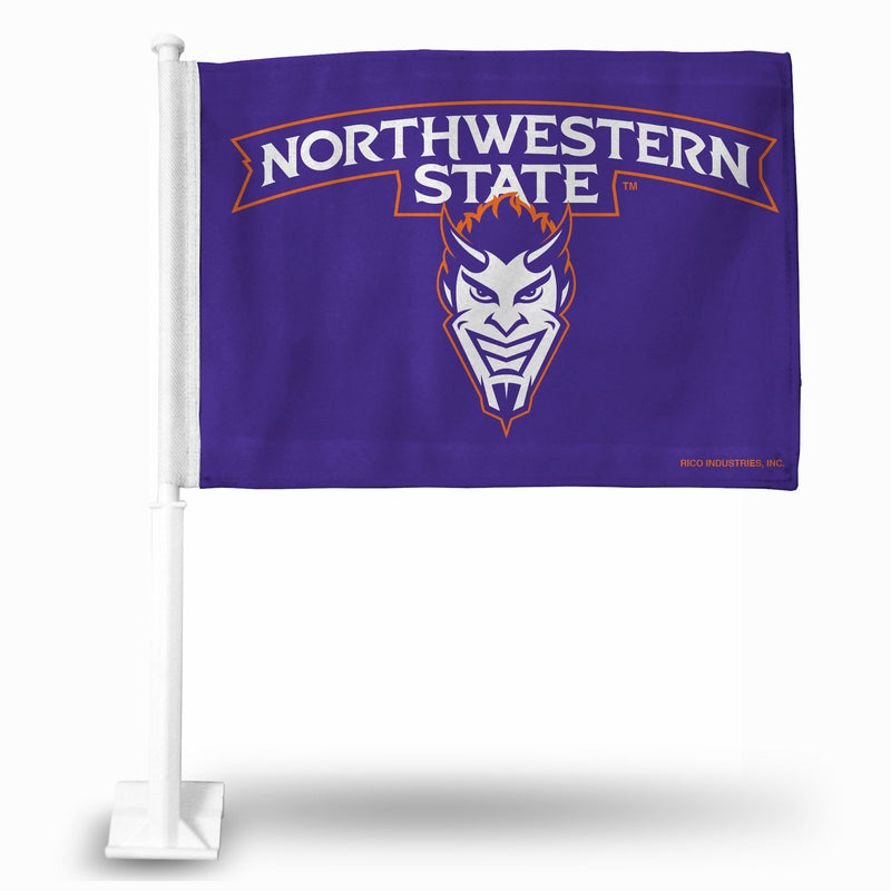 NCAA Northwestern State Demons Double Sided Car Flag -  16" x 19" - Strong Pole that Hooks Onto Car/Truck/Automobile By Rico Industries