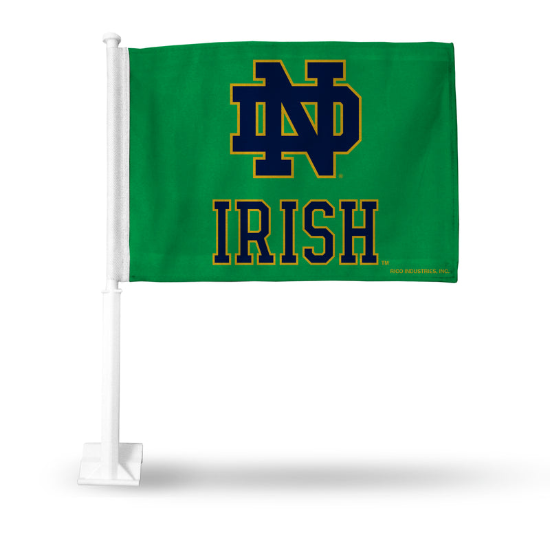 NCAA Notre Dame Fighting Irish Double Sided Car Flag -  16" x 19" - Strong Pole that Hooks Onto Car/Truck/Automobile By Rico Industries
