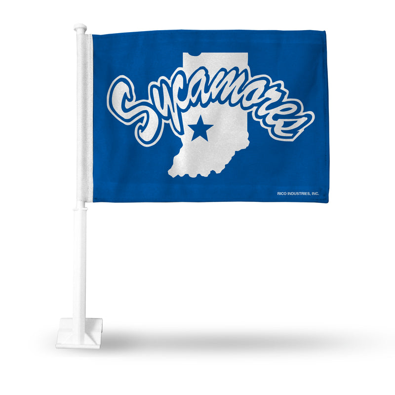 NCAA Indiana State Sycamores Double Sided Car Flag -  16" x 19" - Strong Pole that Hooks Onto Car/Truck/Automobile By Rico Industries