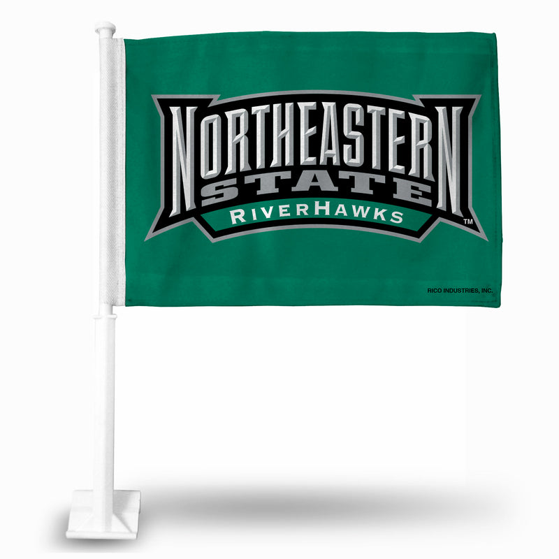 NCAA Northeastern State RiverHawks Double Sided Car Flag -  16" x 19" - Strong Pole that Hooks Onto Car/Truck/Automobile By Rico Industries