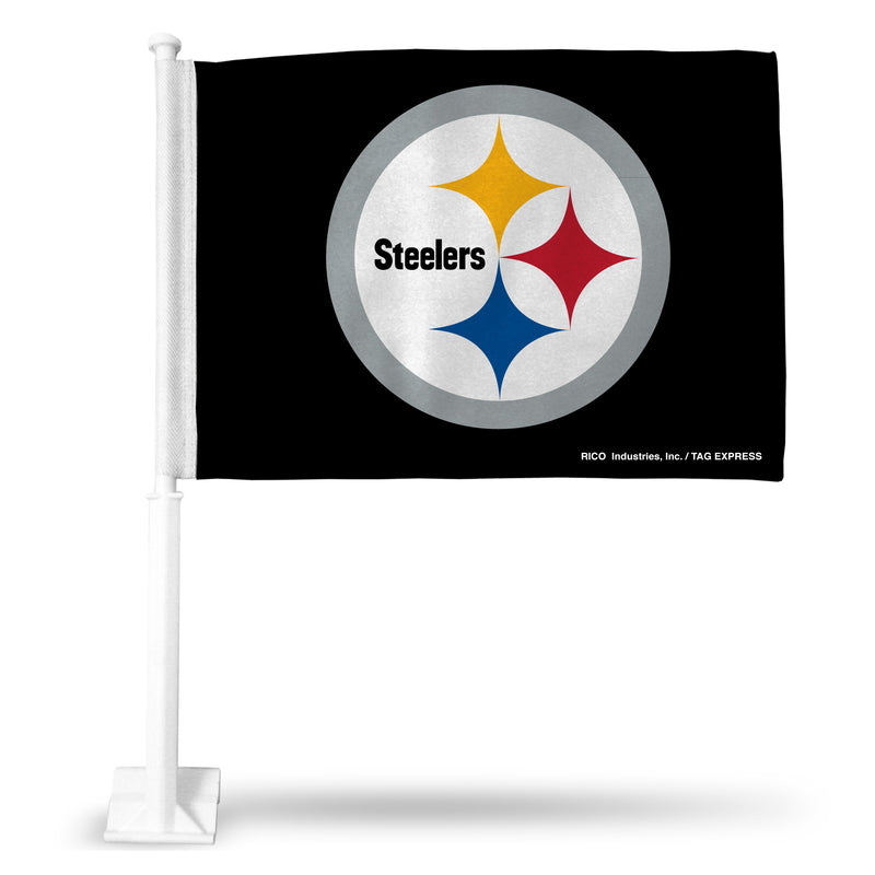 NFL Pittsburgh Steelers Double Sided Car Flag -  16" x 19" - Strong Pole that Hooks Onto Car/Truck/Automobile By Rico Industries