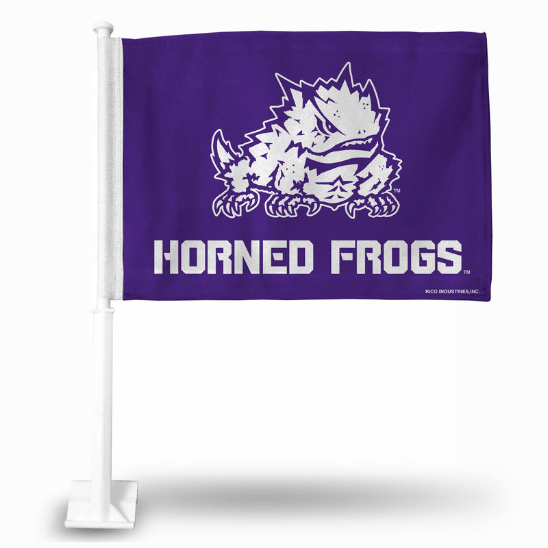 NCAA TCU Horned Frogs Double Sided Car Flag -  16" x 19" - Strong Pole that Hooks Onto Car/Truck/Automobile By Rico Industries