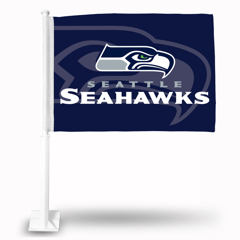 NFL Seattle Seahawks Double Sided Car Flag -  16" x 19" - Strong Pole that Hooks Onto Car/Truck/Automobile By Rico Industries