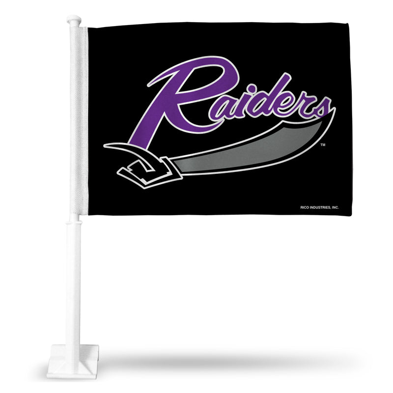 NCAA Mount Union  Purple Raiders Double Sided Car Flag -  16" x 19" - Strong Pole that Hooks Onto Car/Truck/Automobile By Rico Industries