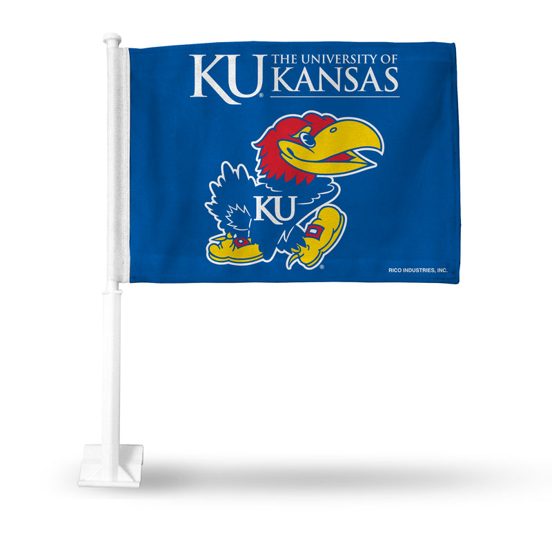 NCAA Kansas Jayhawks Double Sided Car Flag -  16" x 19" - Strong Pole that Hooks Onto Car/Truck/Automobile By Rico Industries