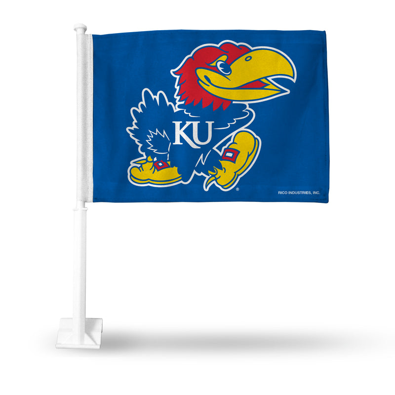 NCAA Kansas Jayhawks Double Sided Car Flag -  16" x 19" - Strong Pole that Hooks Onto Car/Truck/Automobile By Rico Industries
