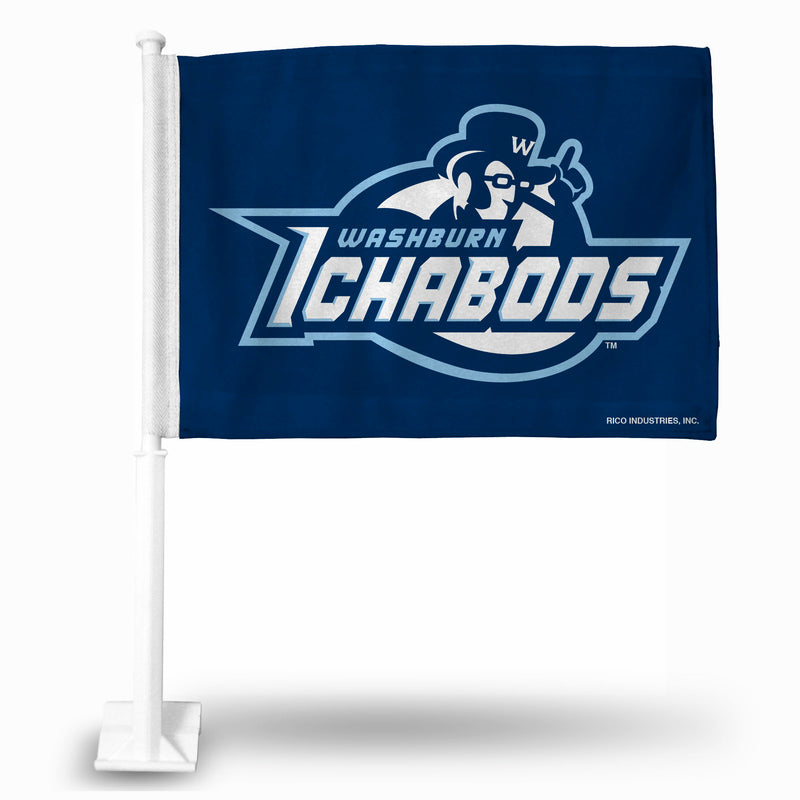 NCAA Washburn Ichabod Double Sided Car Flag -  16" x 19" - Strong Pole that Hooks Onto Car/Truck/Automobile By Rico Industries