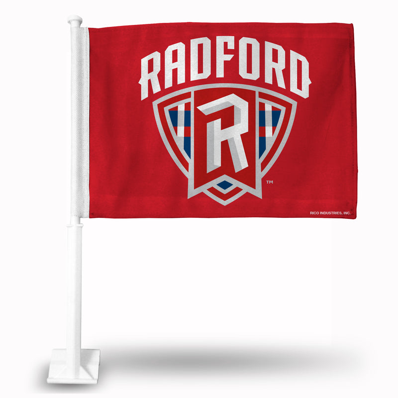 NCAA Radford  Highlanders Double Sided Car Flag -  16" x 19" - Strong Pole that Hooks Onto Car/Truck/Automobile By Rico Industries