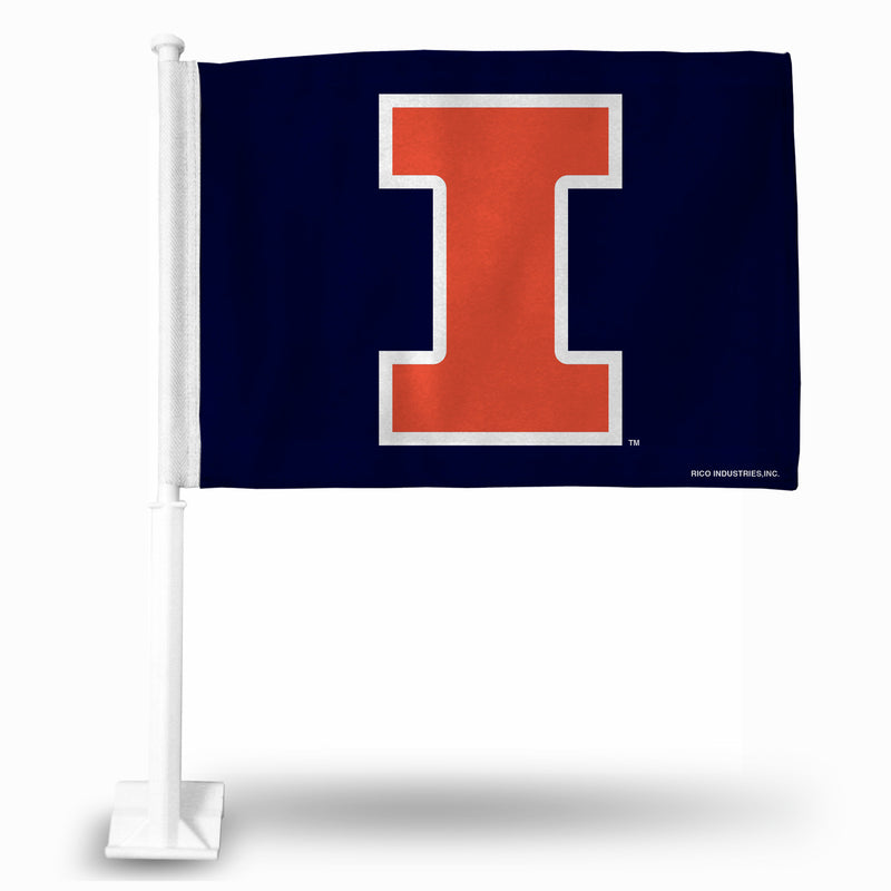 NCAA Illinois Fighting Illini Double Sided Car Flag -  16" x 19" - Strong Pole that Hooks Onto Car/Truck/Automobile By Rico Industries