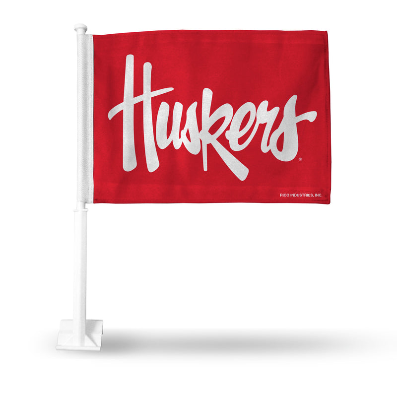 NCAA Nebraska Cornhuskers Double Sided Car Flag -  16" x 19" - Strong Pole that Hooks Onto Car/Truck/Automobile By Rico Industries