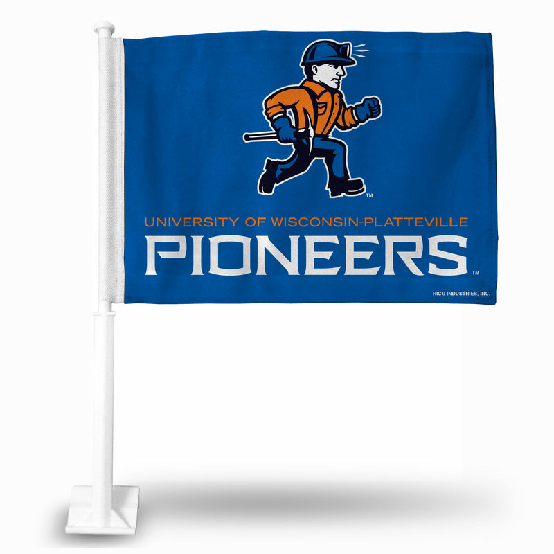 NCAA Wisconsin-Platteville Pioneers Double Sided Car Flag -  16" x 19" - Strong Pole that Hooks Onto Car/Truck/Automobile By Rico Industries