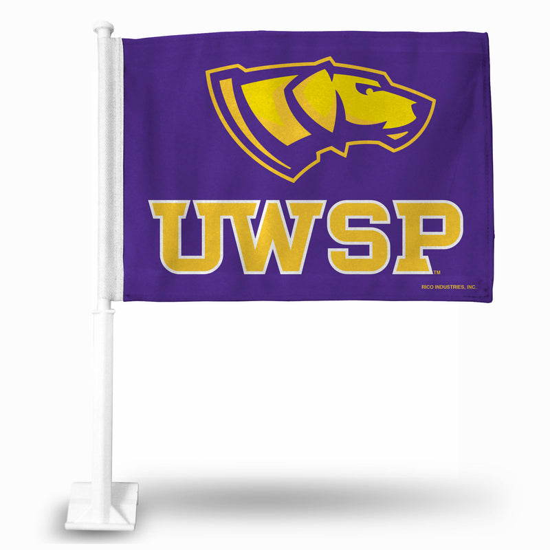 NCAA Wisconsin-Stevens Point Pointers Double Sided Car Flag -  16" x 19" - Strong Pole that Hooks Onto Car/Truck/Automobile By Rico Industries