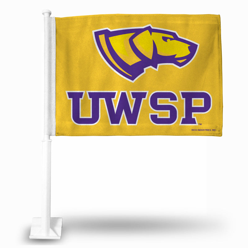 NCAA Wisconsin-Stevens Point Pointers Double Sided Car Flag -  16" x 19" - Strong Pole that Hooks Onto Car/Truck/Automobile By Rico Industries