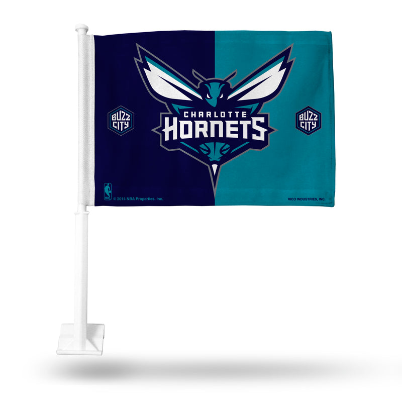 NBA Charlotte Hornets Double Sided Car Flag -  16" x 19" - Strong Pole that Hooks Onto Car/Truck/Automobile By Rico Industries