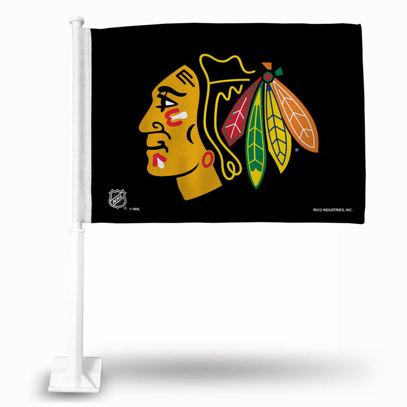 NHL Chicago Blackhawks Double Sided Car Flag -  16" x 19" - Strong Pole that Hooks Onto Car/Truck/Automobile By Rico Industries