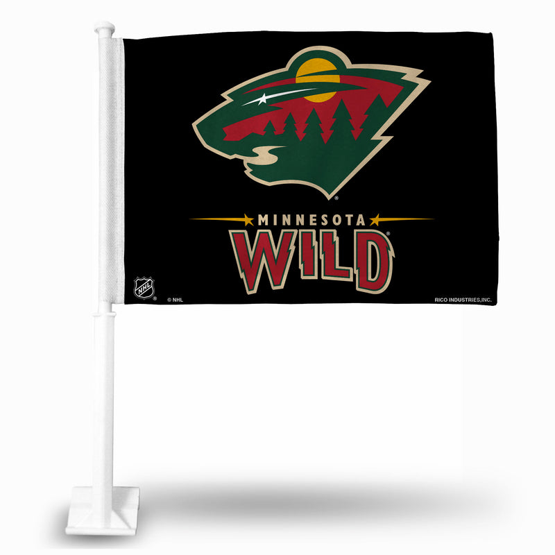NHL Minnesota Wild Double Sided Car Flag -  16" x 19" - Strong Black Pole that Hooks Onto Car/Truck/Automobile By Rico Industries