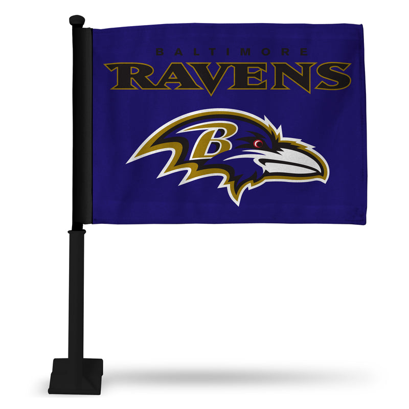 NFL Baltimore Ravens Double Sided Car Flag -  16" x 19" - Strong Black Pole that Hooks Onto Car/Truck/Automobile By Rico Industries