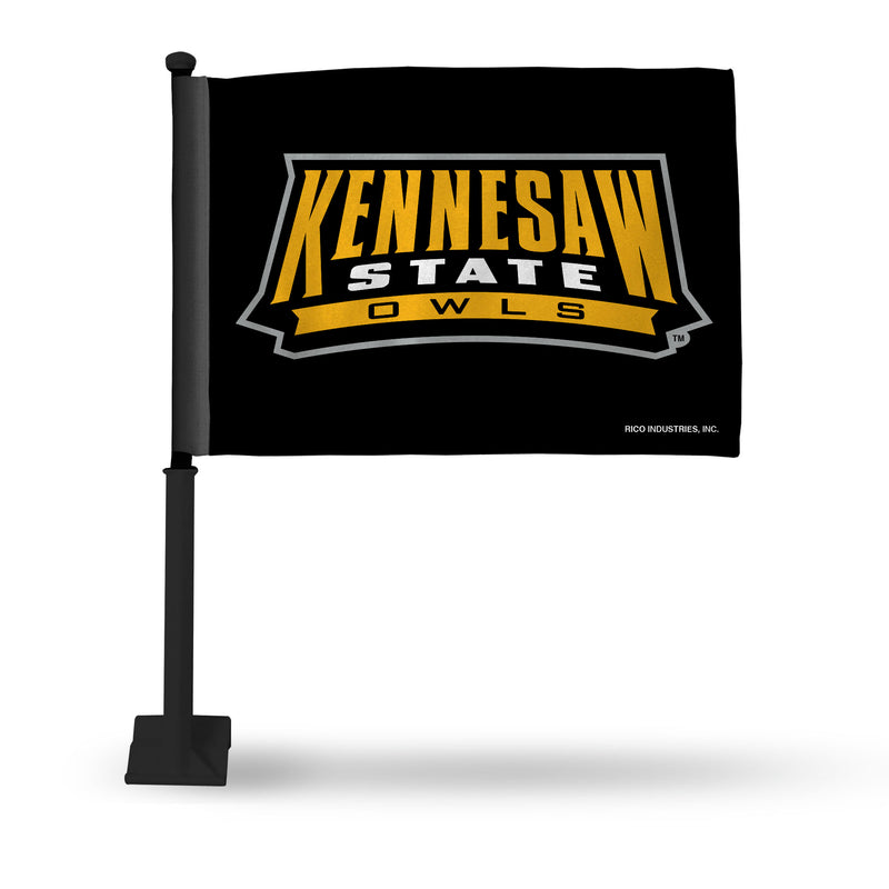 NCAA Kennesaw State Owls Double Sided Car Flag -  16" x 19" - Strong Black Pole that Hooks Onto Car/Truck/Automobile By Rico Industries