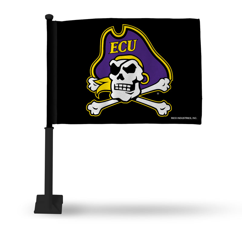 NCAA East Carolina Pirates Double Sided Car Flag -  16" x 19" - Strong Black Pole that Hooks Onto Car/Truck/Automobile By Rico Industries