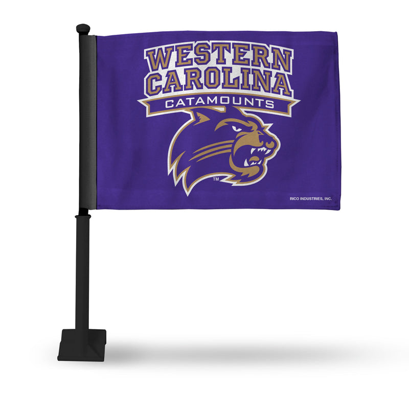 NCAA Western Carolina Catamounts Double Sided Car Flag -  16" x 19" - Strong Black Pole that Hooks Onto Car/Truck/Automobile By Rico Industries