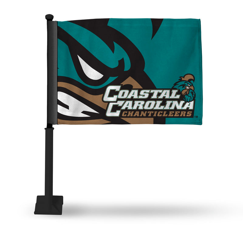 NCAA Coastal Carolina Chanticleers Double Sided Car Flag -  16" x 19" - Strong Black Pole that Hooks Onto Car/Truck/Automobile By Rico Industries