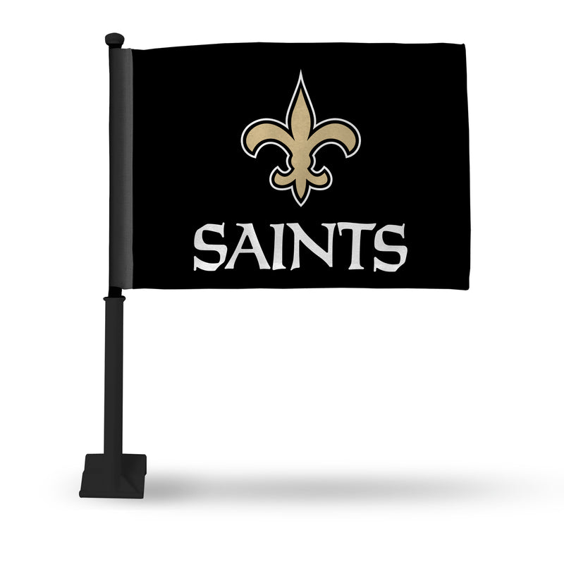 NFL New Orleans Saints Double Sided Car Flag -  16" x 19" - Strong Black Pole that Hooks Onto Car/Truck/Automobile By Rico Industries