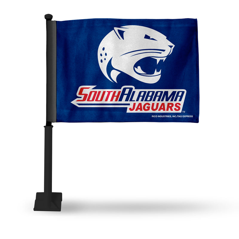 NCAA South Alabama Jaguars Double Sided Car Flag -  16" x 19" - Strong Black Pole that Hooks Onto Car/Truck/Automobile By Rico Industries