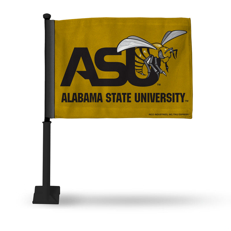 NCAA Alabama State Hornets Double Sided Car Flag -  16" x 19" - Strong Black Pole that Hooks Onto Car/Truck/Automobile By Rico Industries