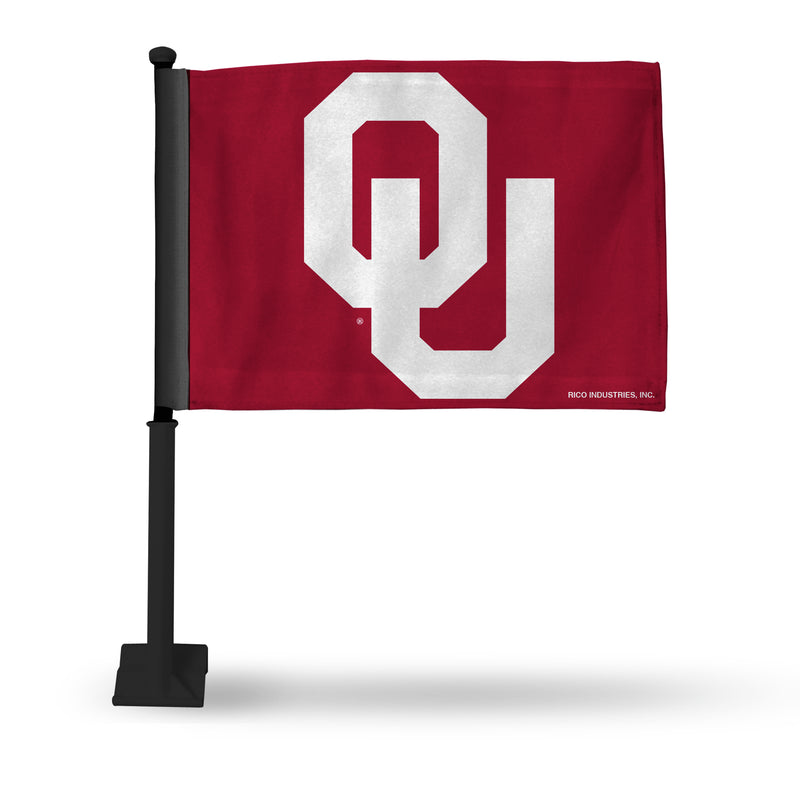 NCAA Oklahoma Sooners Double Sided Car Flag -  16" x 19" - Strong Black Pole that Hooks Onto Car/Truck/Automobile By Rico Industries