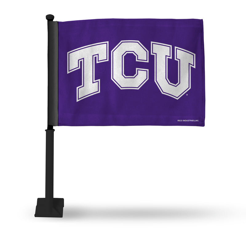 NCAA TCU Horned Frogs Double Sided Car Flag -  16" x 19" - Strong Black Pole that Hooks Onto Car/Truck/Automobile By Rico Industries