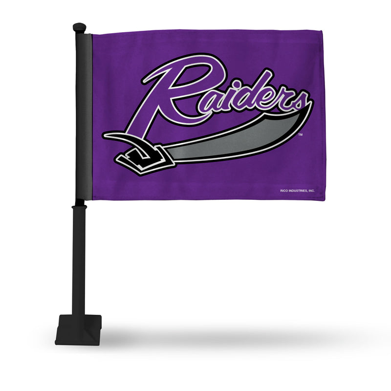 NCAA Mount Union  Purple Raiders Double Sided Car Flag -  16" x 19" - Strong Black Pole that Hooks Onto Car/Truck/Automobile By Rico Industries