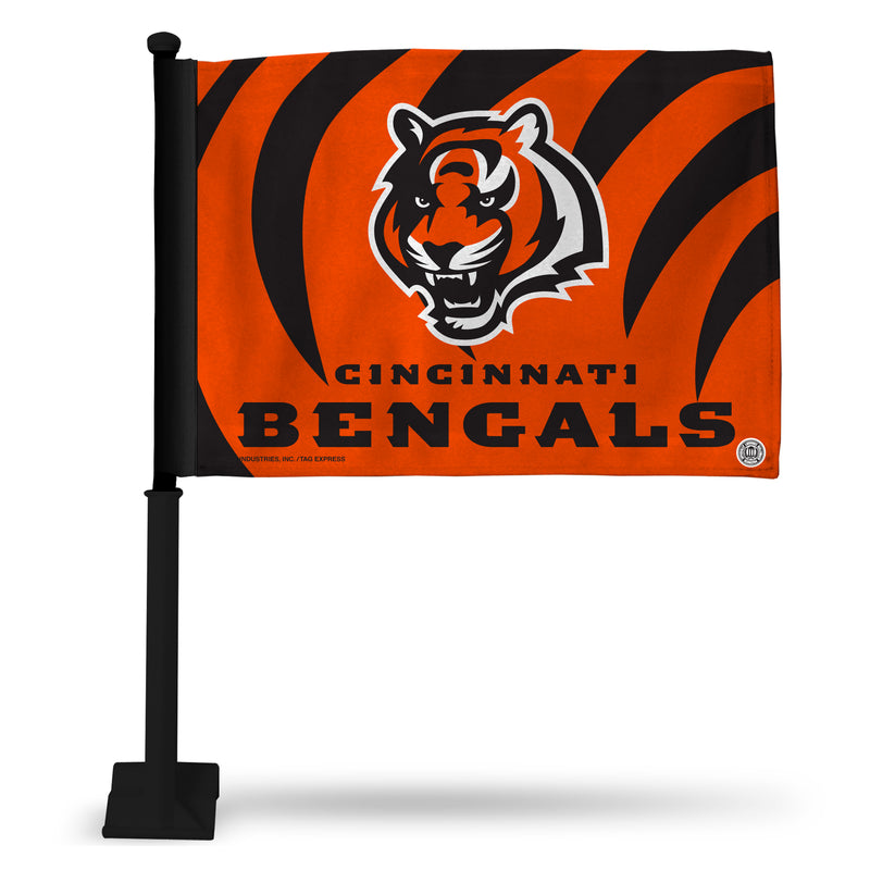 NFL Cincinnati Bengals Double Sided Car Flag -  16" x 19" - Strong Black Pole that Hooks Onto Car/Truck/Automobile By Rico Industries
