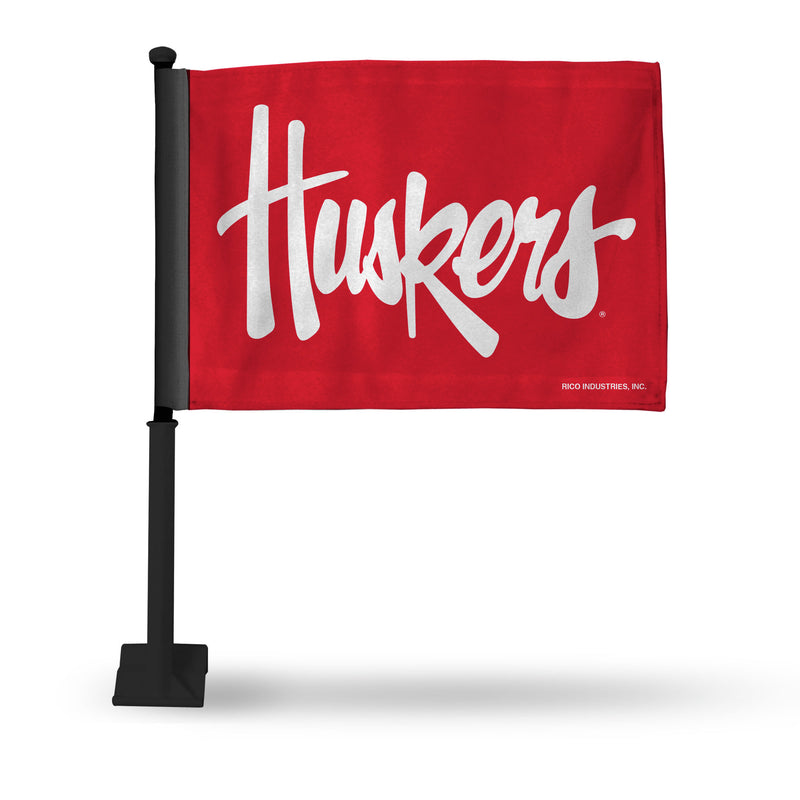 NCAA Nebraska Cornhuskers Double Sided Car Flag -  16" x 19" - Strong Black Pole that Hooks Onto Car/Truck/Automobile By Rico Industries