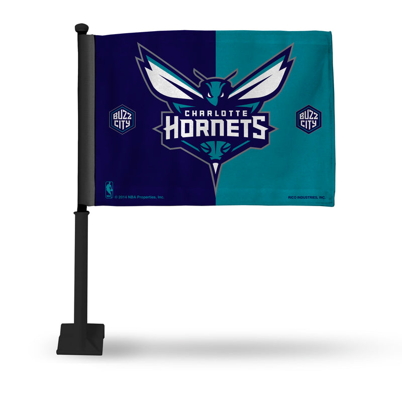 NBA Charlotte Hornets Double Sided Car Flag -  16" x 19" - Strong Black Pole that Hooks Onto Car/Truck/Automobile By Rico Industries