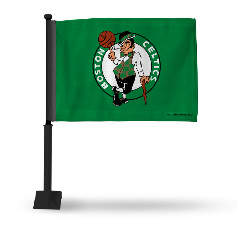 NBA Boston Celtics Double Sided Car Flag -  16" x 19" - Strong Black Pole that Hooks Onto Car/Truck/Automobile By Rico Industries