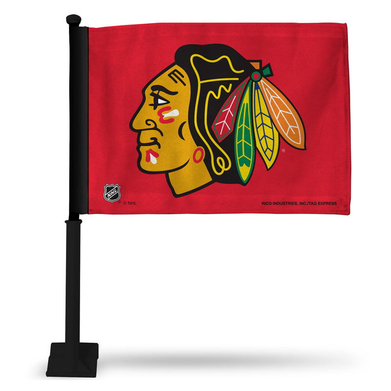 NHL Chicago Blackhawks Double Sided Car Flag -  16" x 19" - Strong Black Pole that Hooks Onto Car/Truck/Automobile By Rico Industries