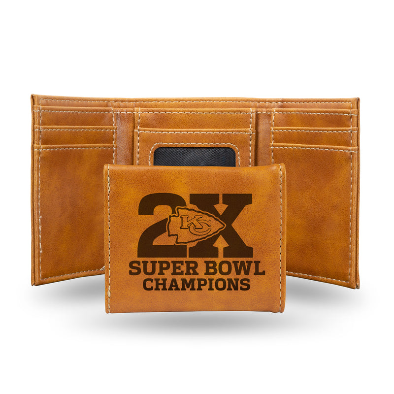 NFL Kansas City Chiefs Laser Engraved Brown Tri-Fold Wallet - Men's Accessory By Rico Industries