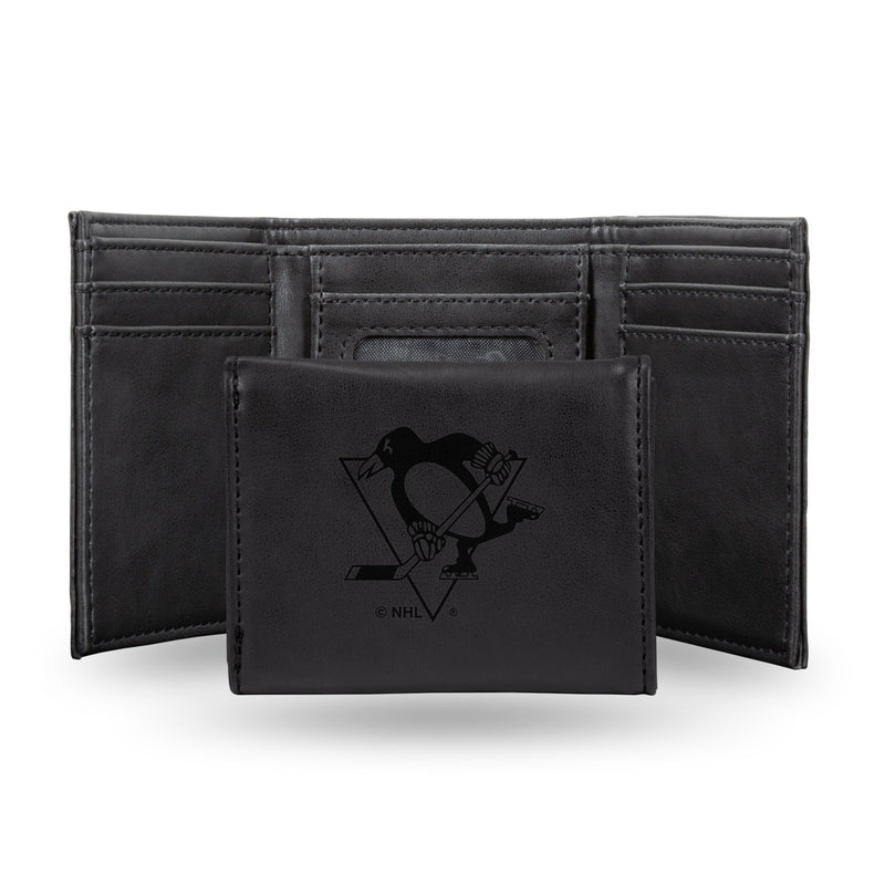 NHL Pittsburgh Penguins Laser Engraved Black Tri-Fold Wallet - Men's Accessory By Rico Industries