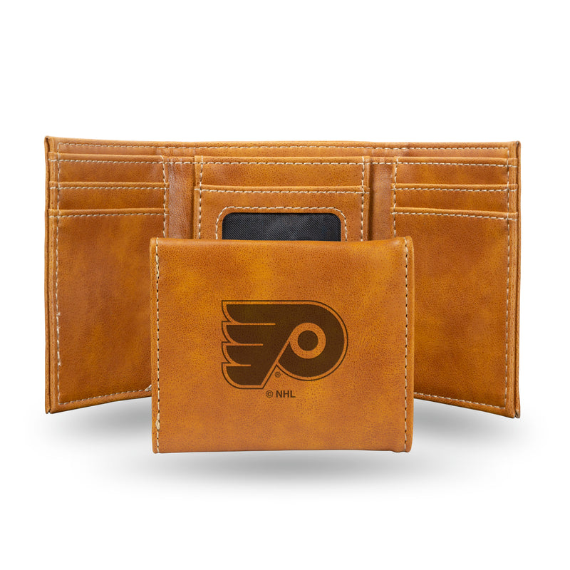 NHL Philadelphia Flyers Laser Engraved Brown Tri-Fold Wallet - Men's Accessory By Rico Industries
