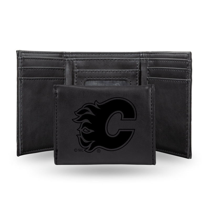 NHL Calgary Flames Laser Engraved Black Tri-Fold Wallet - Men's Accessory By Rico Industries