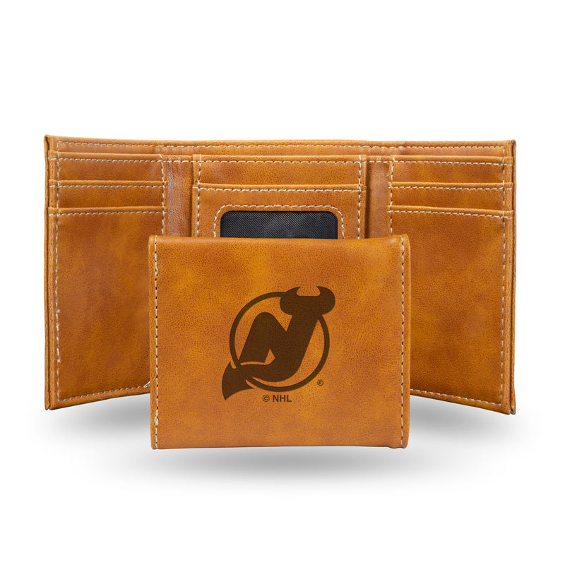 NHL New Jersey Devils Laser Engraved Brown Tri-Fold Wallet - Men's Accessory By Rico Industries