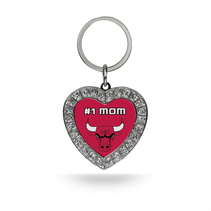 #1 Mom Bulls Rhinestone Heart Keychain